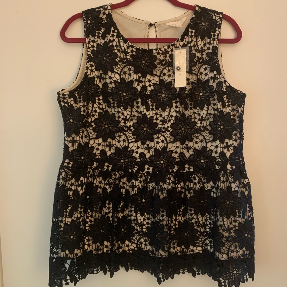 NWT Navy/Tan Lace Peplum Top